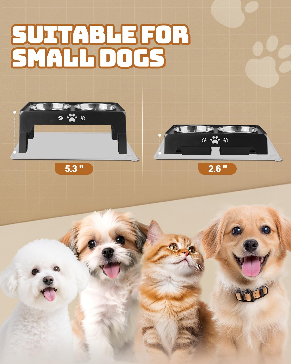 Jovrun two-height adjustable stand enables comfortable access for small dogs and cats.