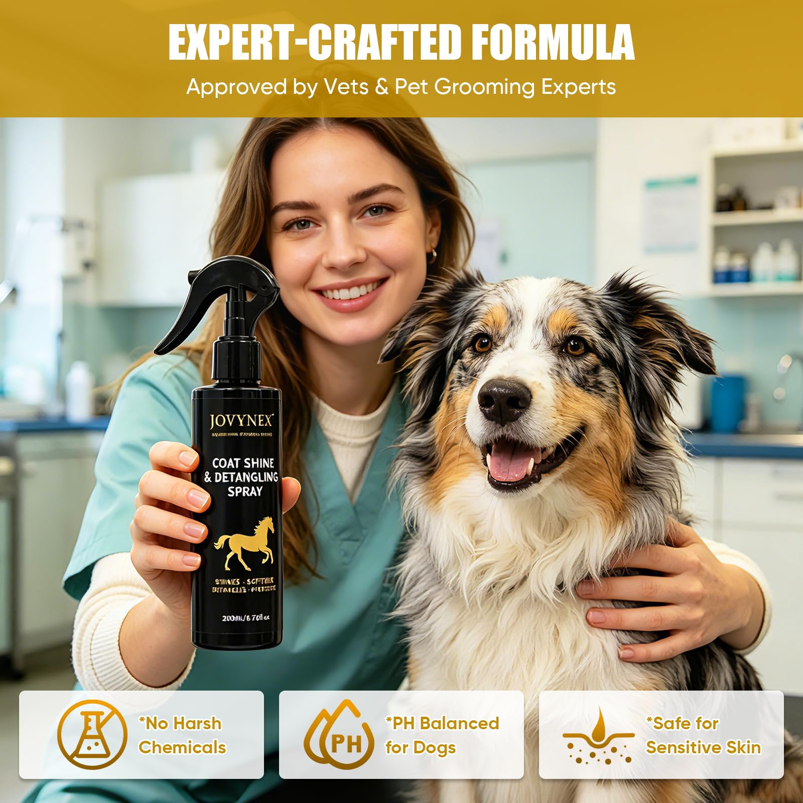 JOVYNEX detangler spray bottle releasing a light fruity scent during grooming
