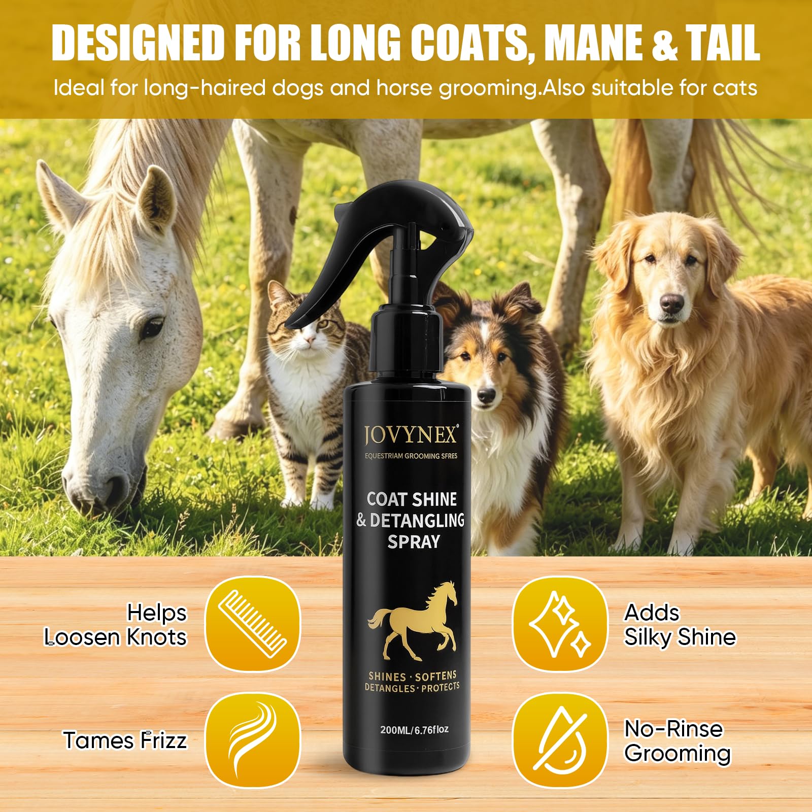 JOVYNEX detangler spray being misted onto a dog's coat to loosen knots