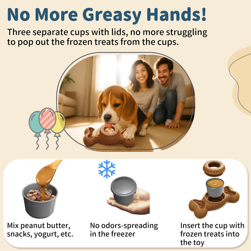JoyBruko dual-enrichment toy filled with peanut butter or yogurt for longer licking sessions.