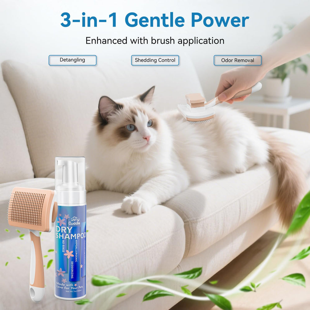 JOYCUDDLE bottle with integrated brush enables mess free grooming