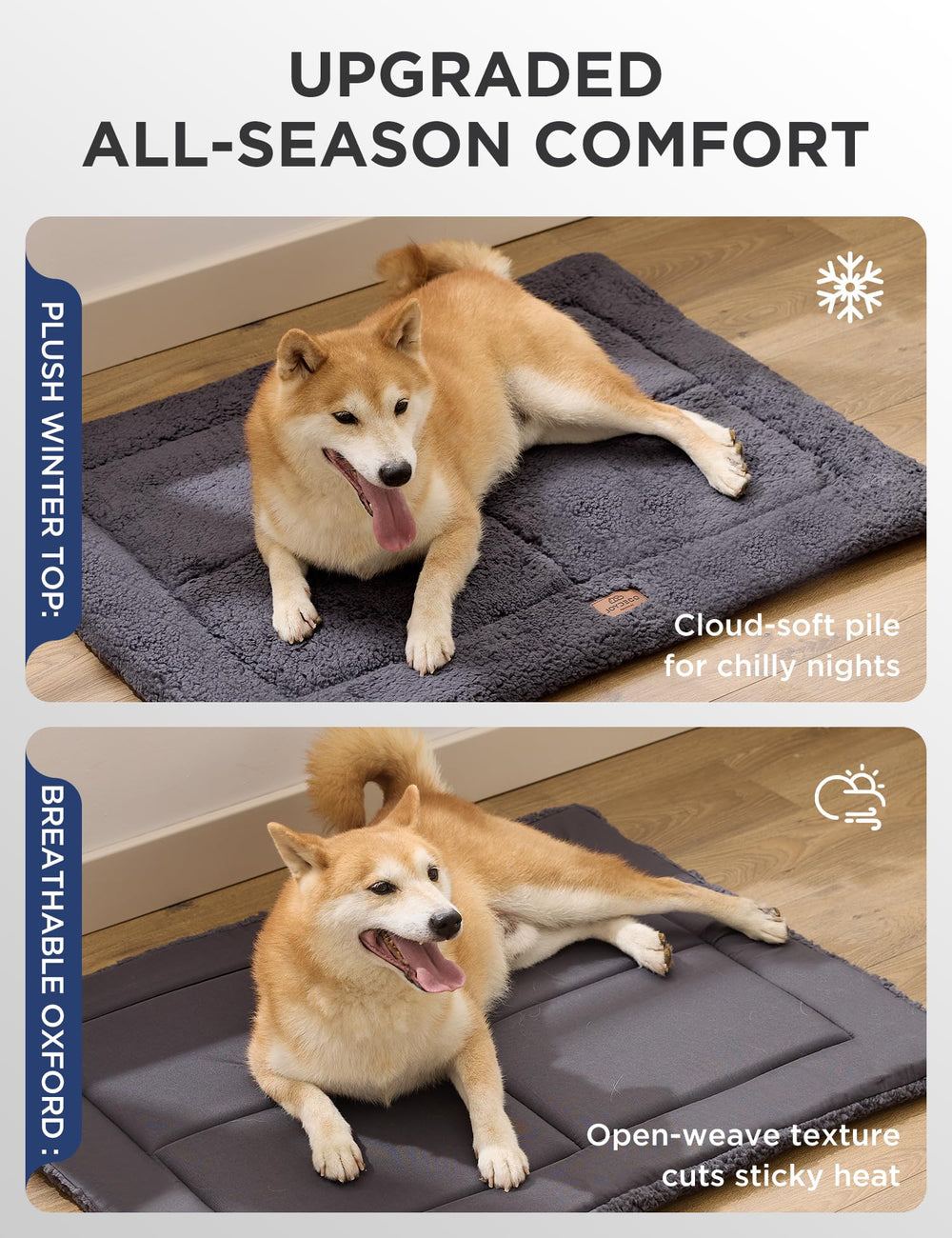 Joydeco low-profile crate mat ultra-soft fleece provides soothing lounging.