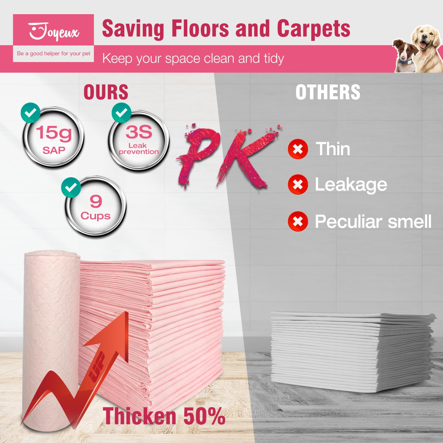 Joyeux puppy pads home-use scenarios illustrates versatile placement in cages travel bags or litter areas.
