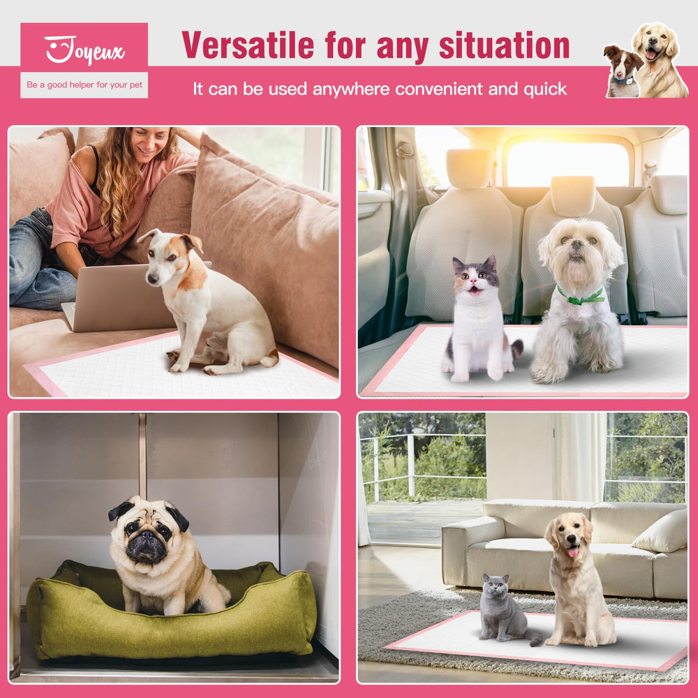 Joyeux puppy pads unscented pink design indicates pet-friendly option for sensitive pets.