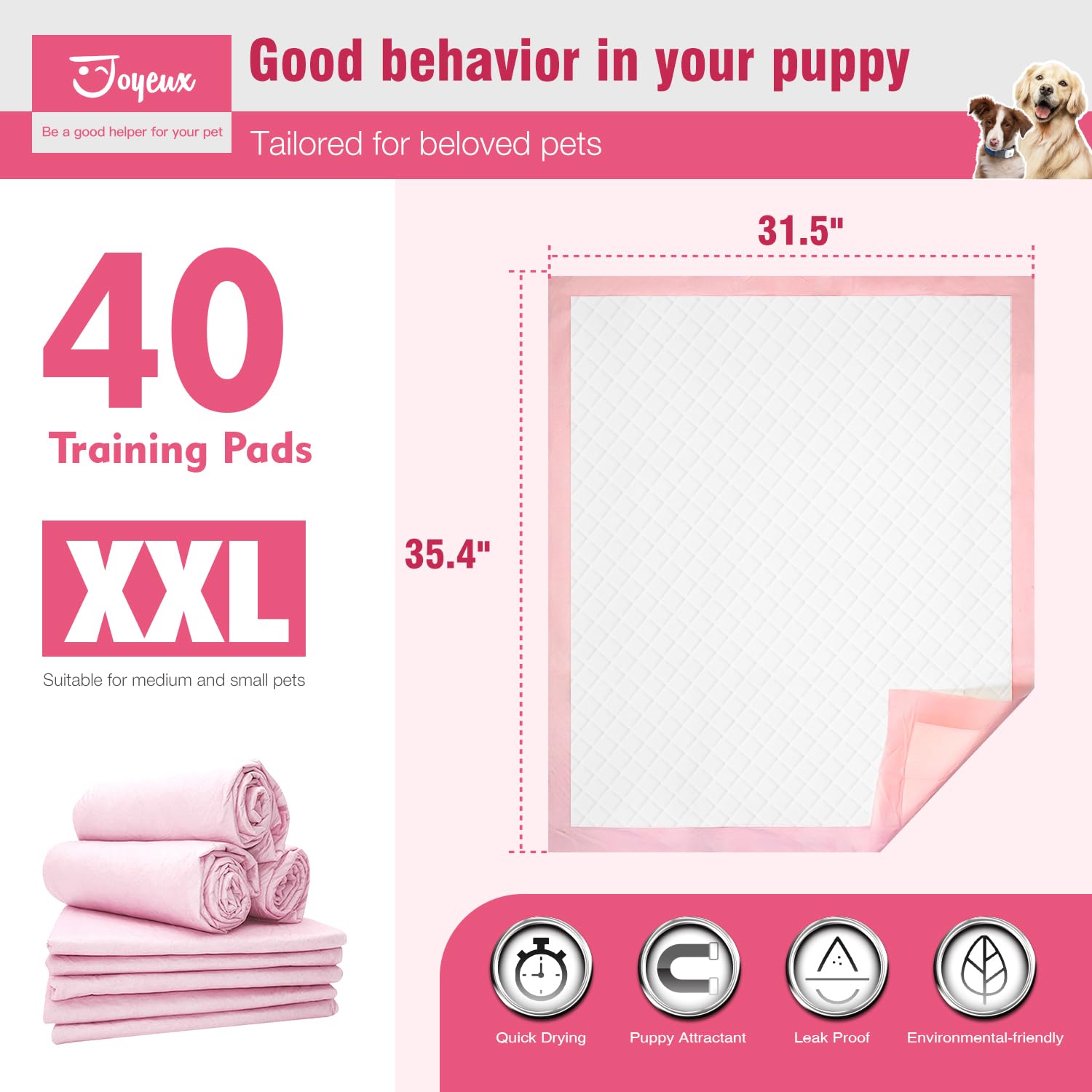 Joyeux puppy pads XXL packaging display showcases large size ideal for training and cleanup.