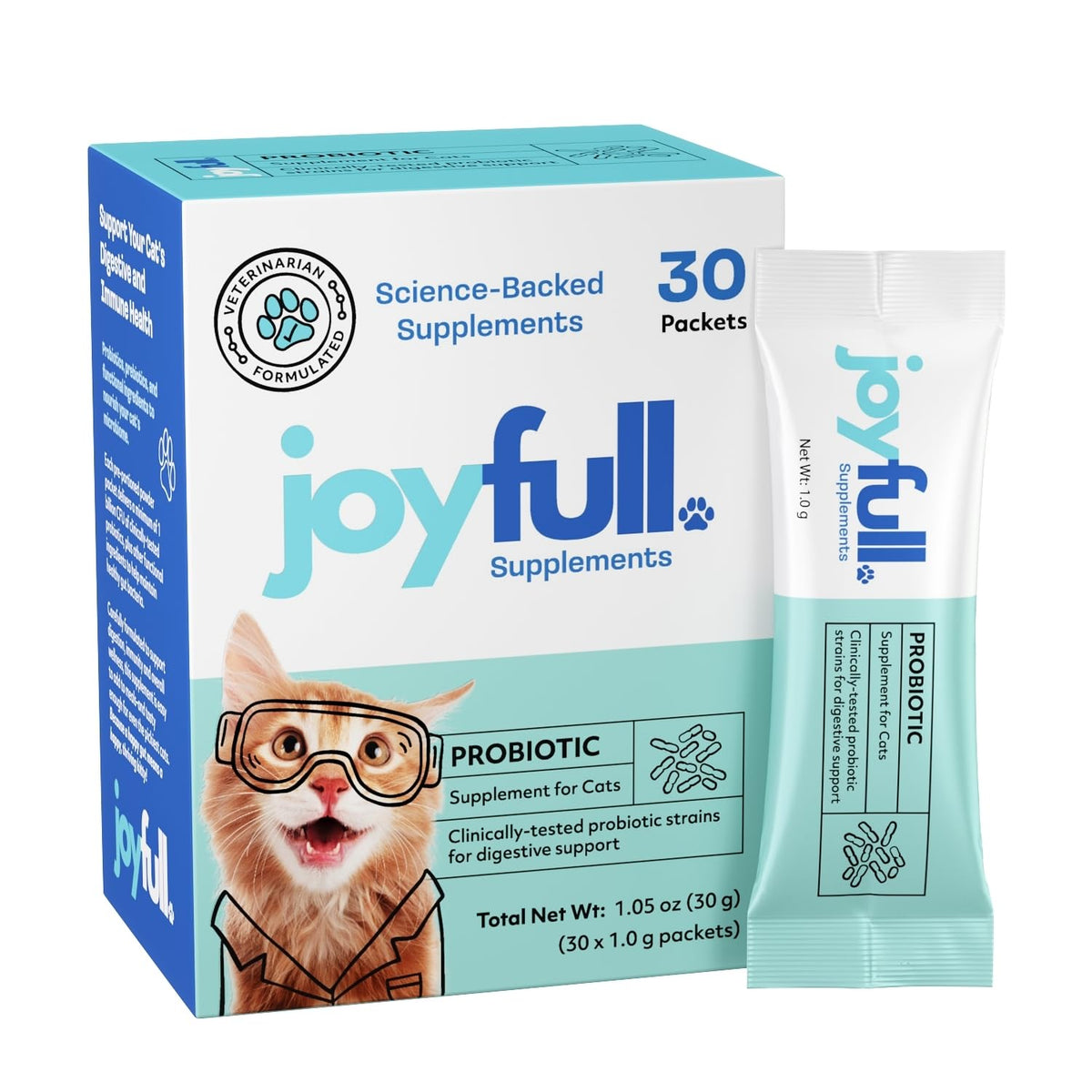 JoyFull Probiotic for Cats daily packets for consistent digestive support.