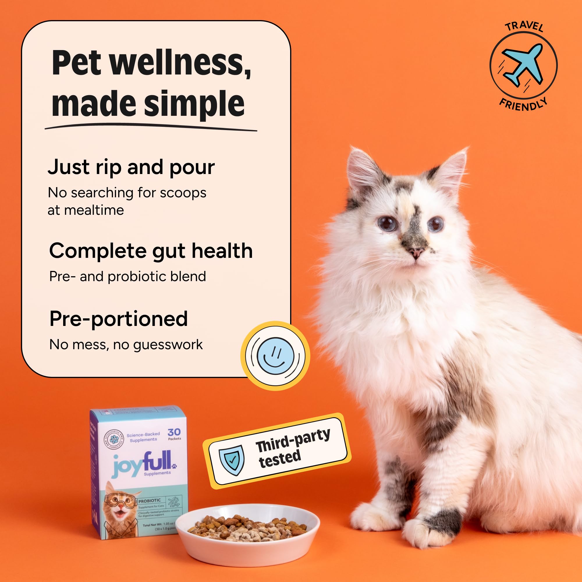 JoyFull Probiotic for Cats sprinkle on wet or dry food for convenient dosing.