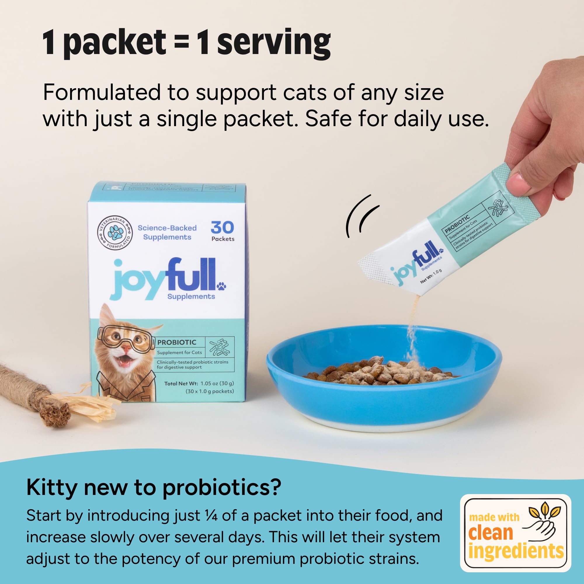 JoyFull Probiotic for Cats USA-made label emphasizes quality ingredients.