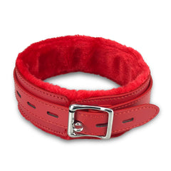 JOYMIN PU leather collar in red with soft fur lining and durable buckle.