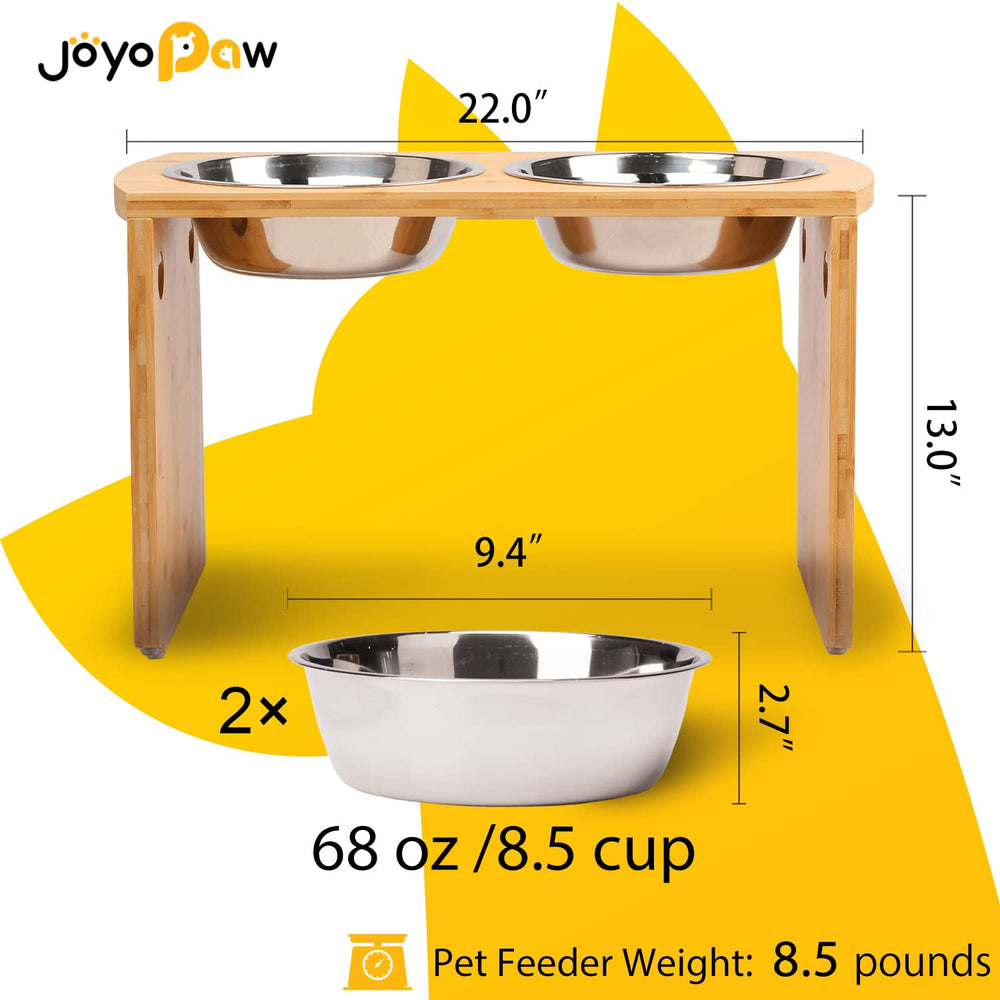 JOYOPAW bamboo raised dog feeder features ergonomic height for comfortable meals.