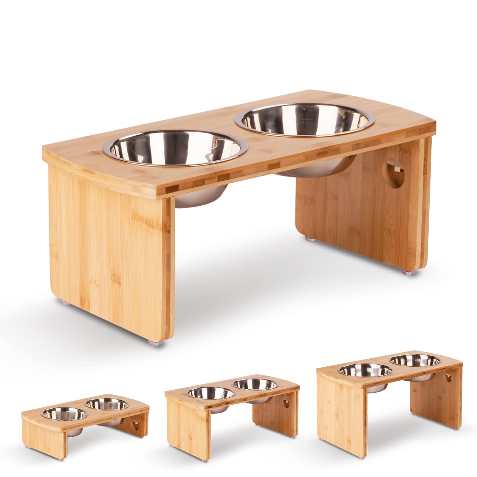 Joyopaw elevated dog bowl stand with bamboo frame and dual bowls for mess-free feeding