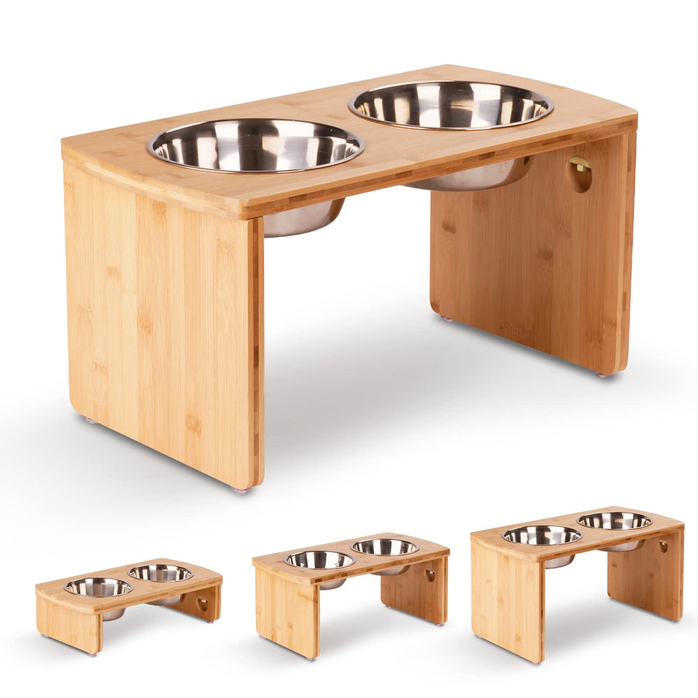 JOYOPAW elevated dog bowl stand featuring the bamboo frame and bowls.