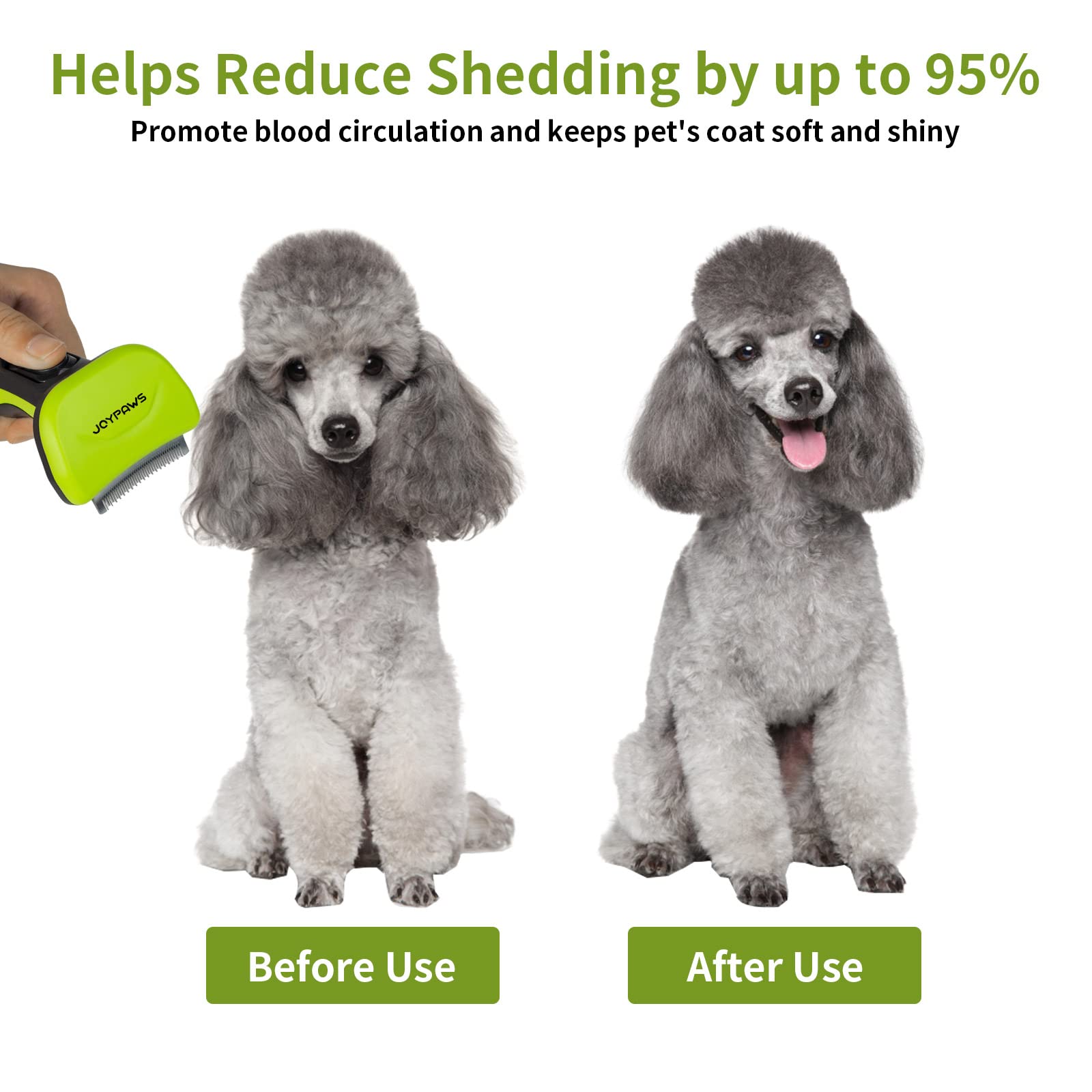 JOYPAWS self-cleaning button keeps fur off teeth for quick cleanup