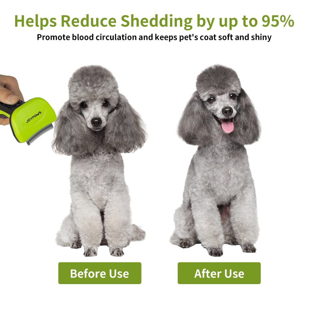 JOYPAWS self-cleaning button keeps fur off teeth for quick cleanup