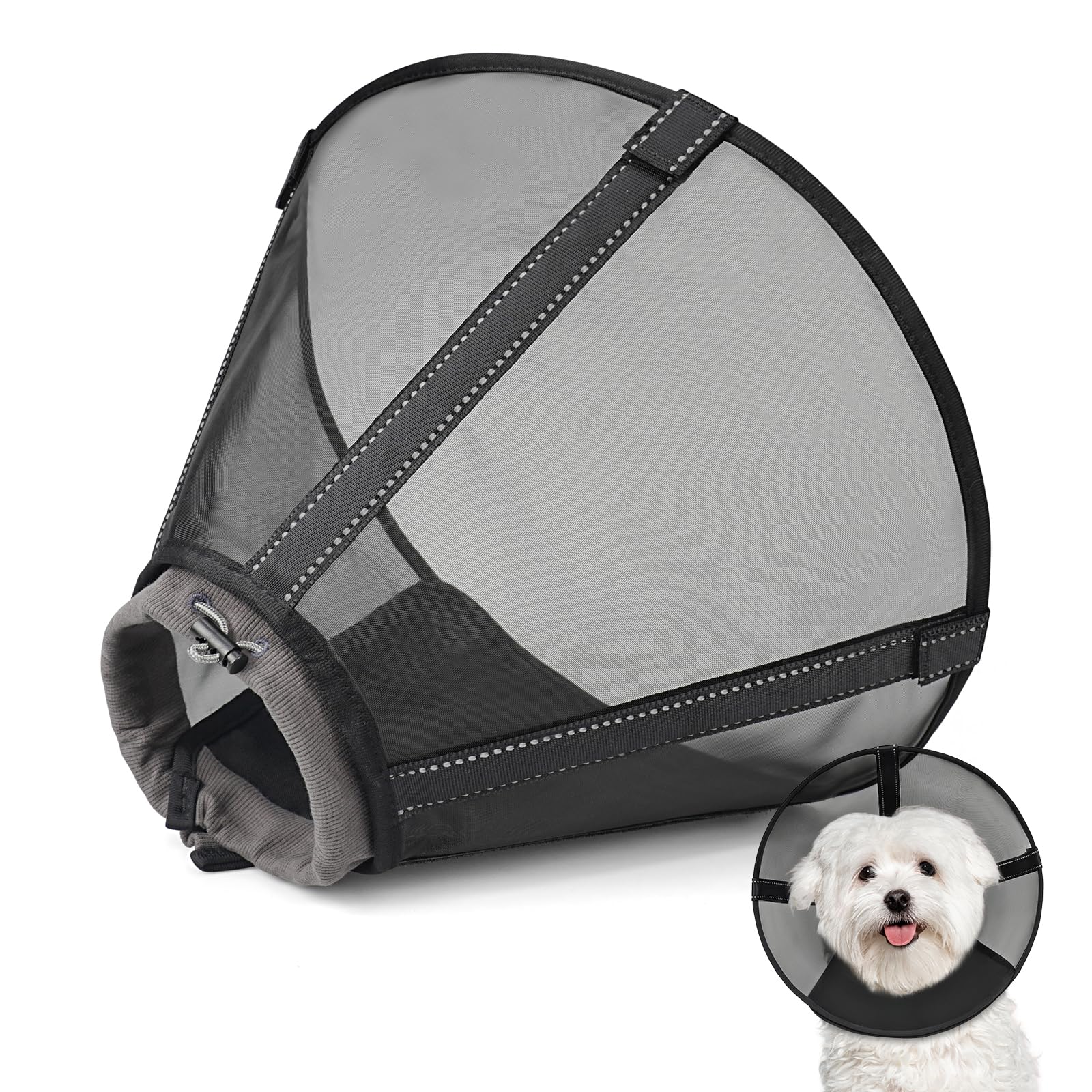 Joypig breathable mesh dog cone front view reduces neck strain and keeps air flowing.