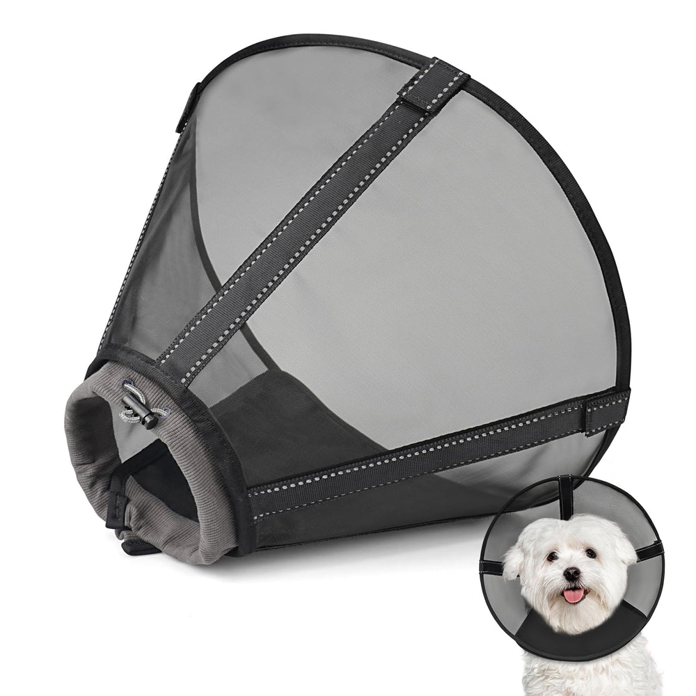 Joypig breathable mesh dog cone front view reduces neck strain and keeps air flowing.