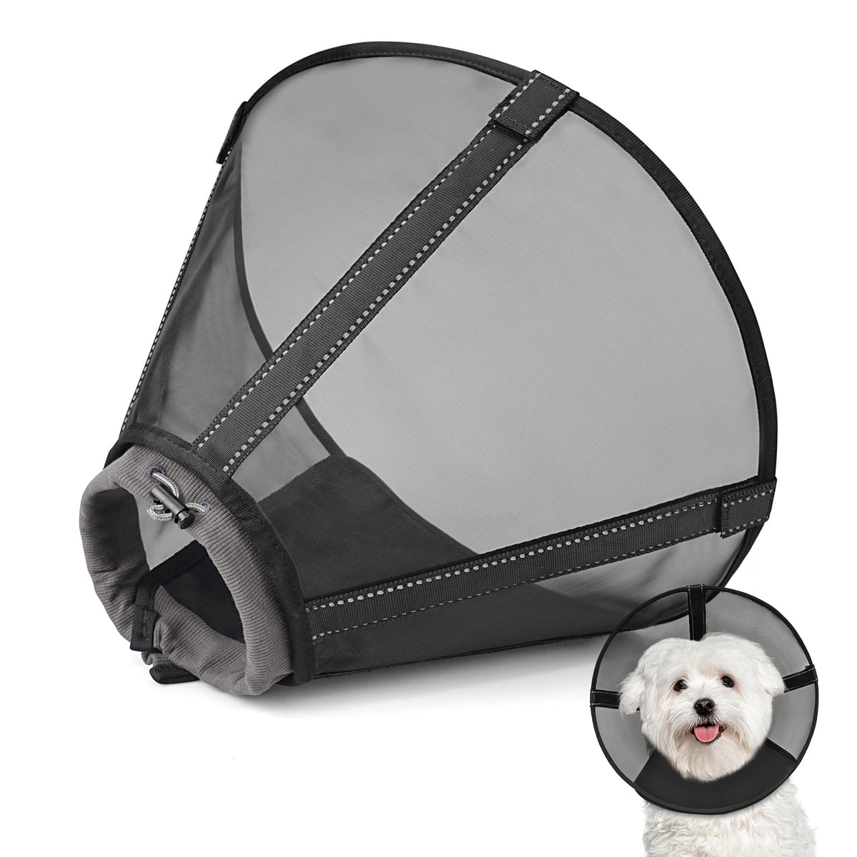Joypig breathable mesh dog cone front view reduces neck strain and keeps air flowing.