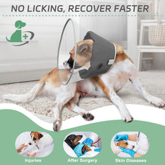 Joypig dog cone collar with extended coverage over paws and hind legs for better wound protection.