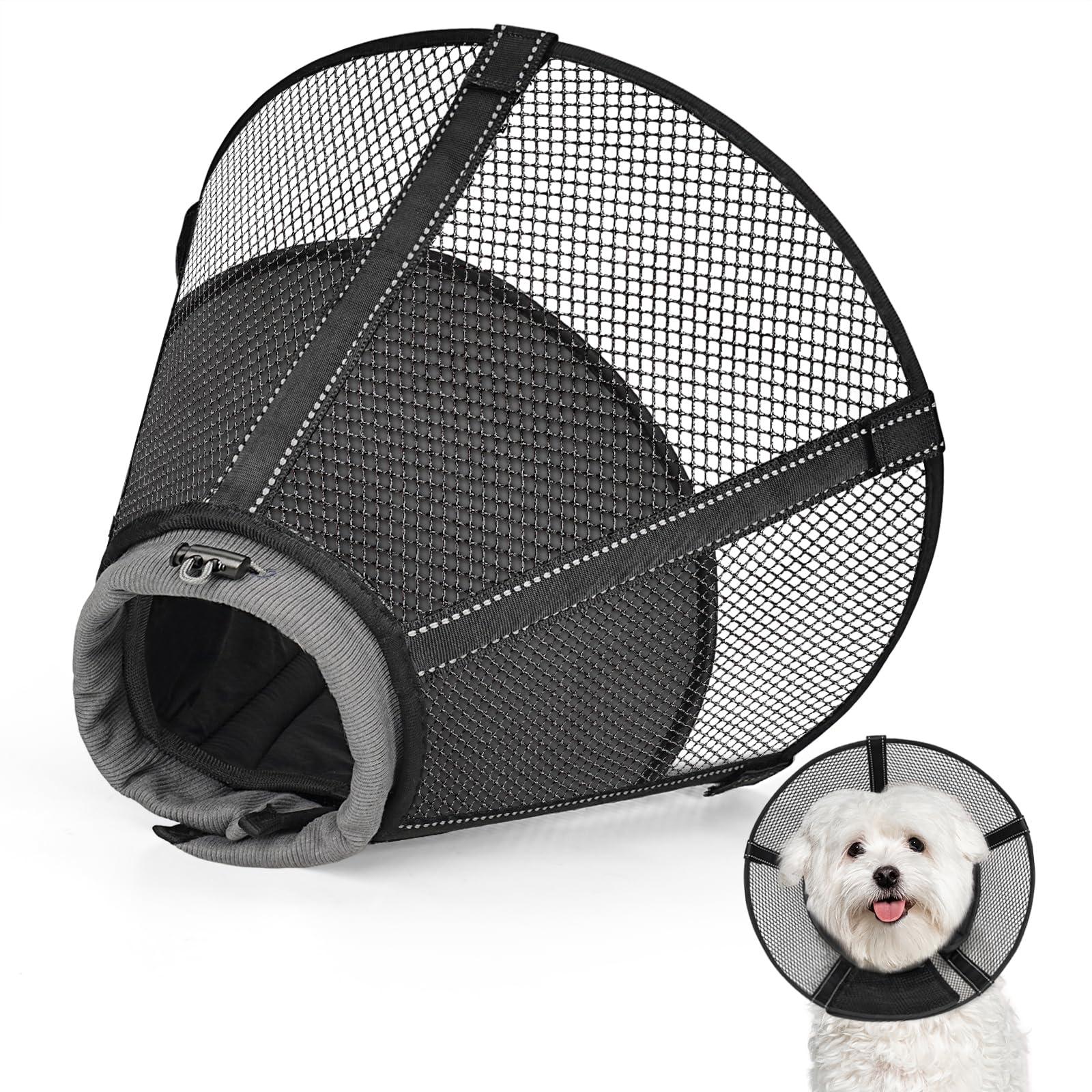 Joypig soft grid recovery cone for dogs, outer view showing coverage and comfort
