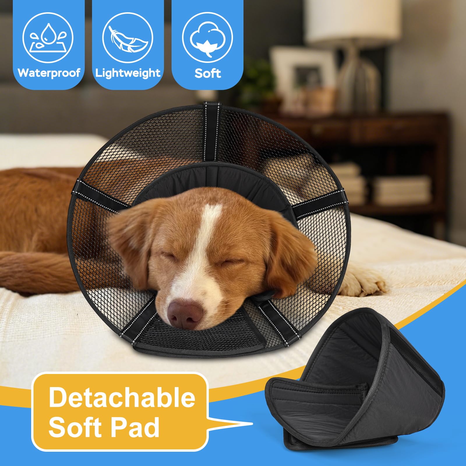 Joypig soft grid recovery cone for dogs, side fit demonstrates adjustability