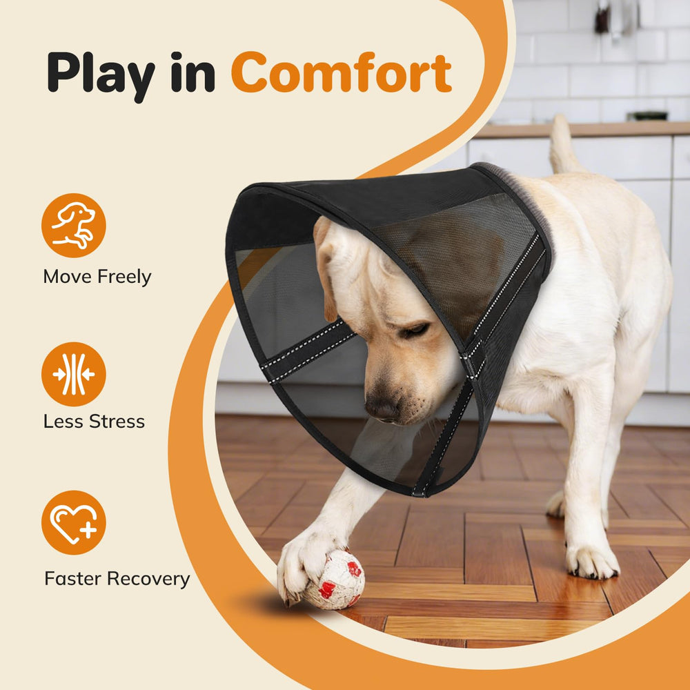 Joypig vision-friendly mesh lets dogs see surroundings, reducing anxiety during recovery.