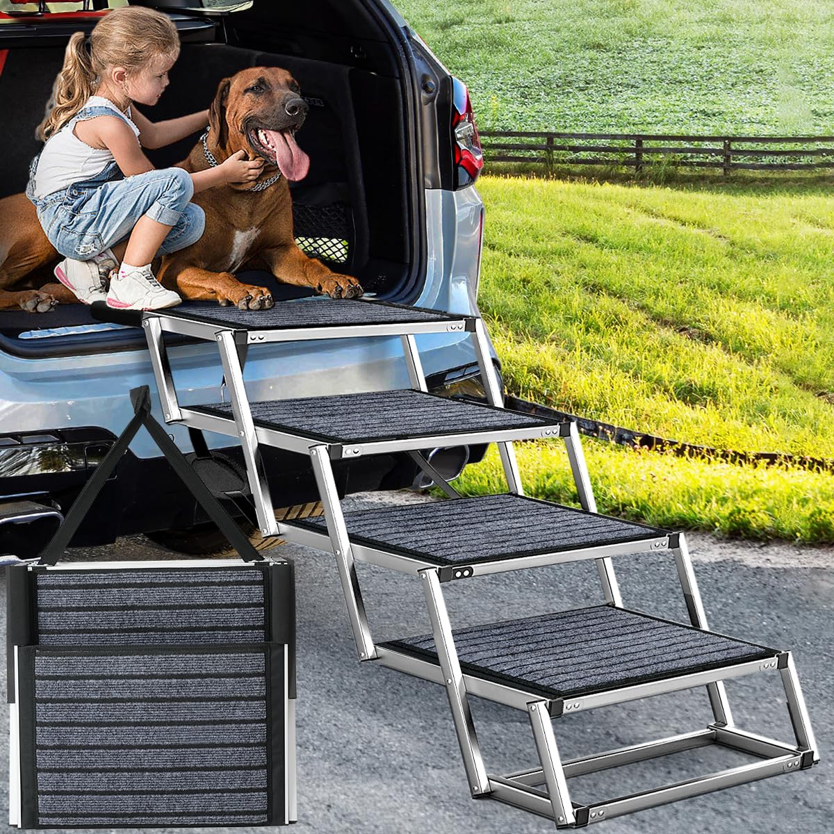 Joyrally extra-wide dog stair folded compact for easy trunk storage