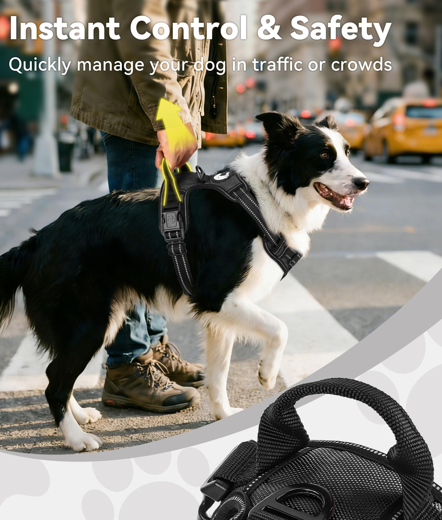 Joytale No Pull Harness reflective strips increase nighttime visibility for safety.