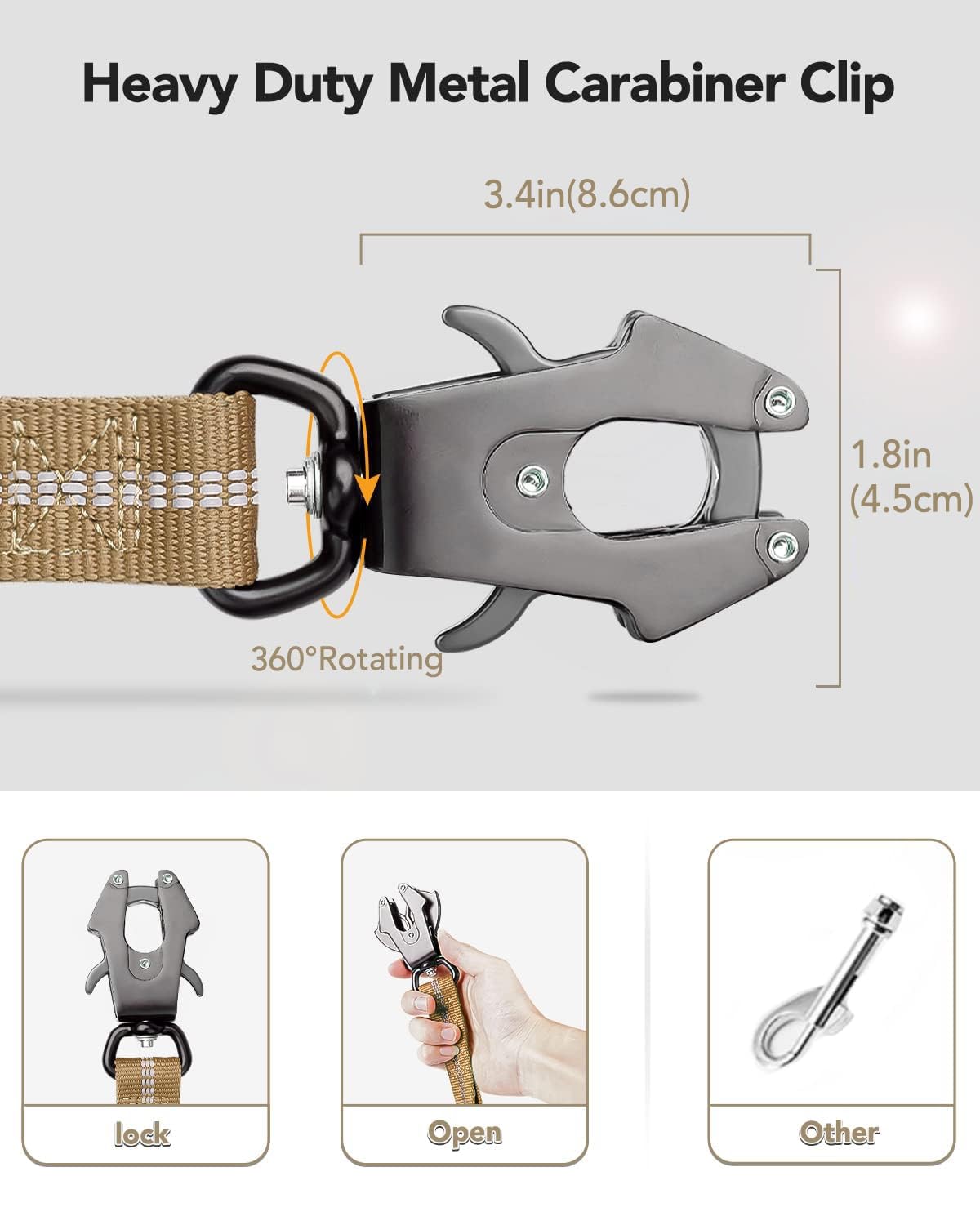 Joytale Tactical Dog Leash bungee absorbs shock to reduce strain during strong pulls.