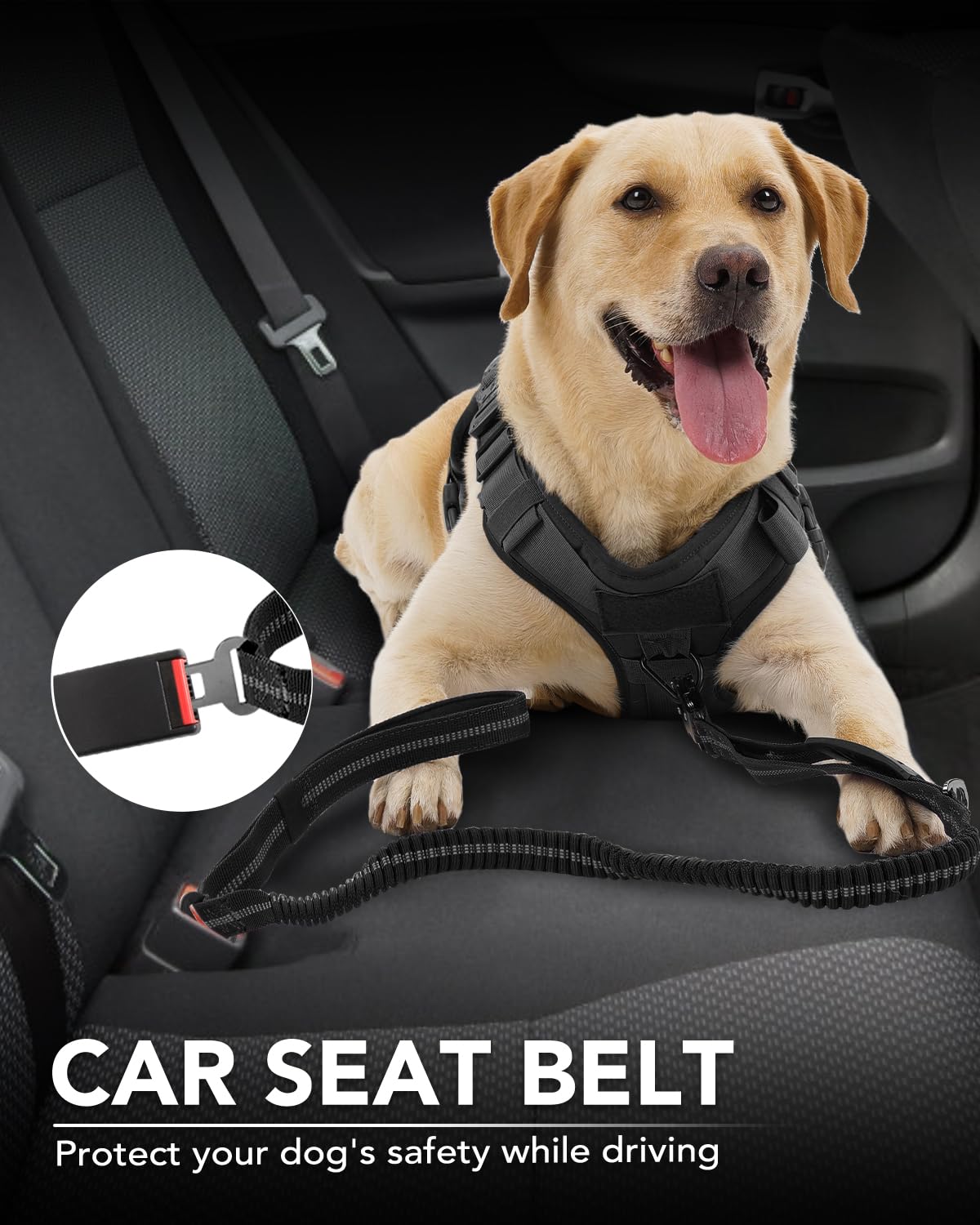 Joytale Tactical Dog Leash car seatbelt tab usable in vehicles.