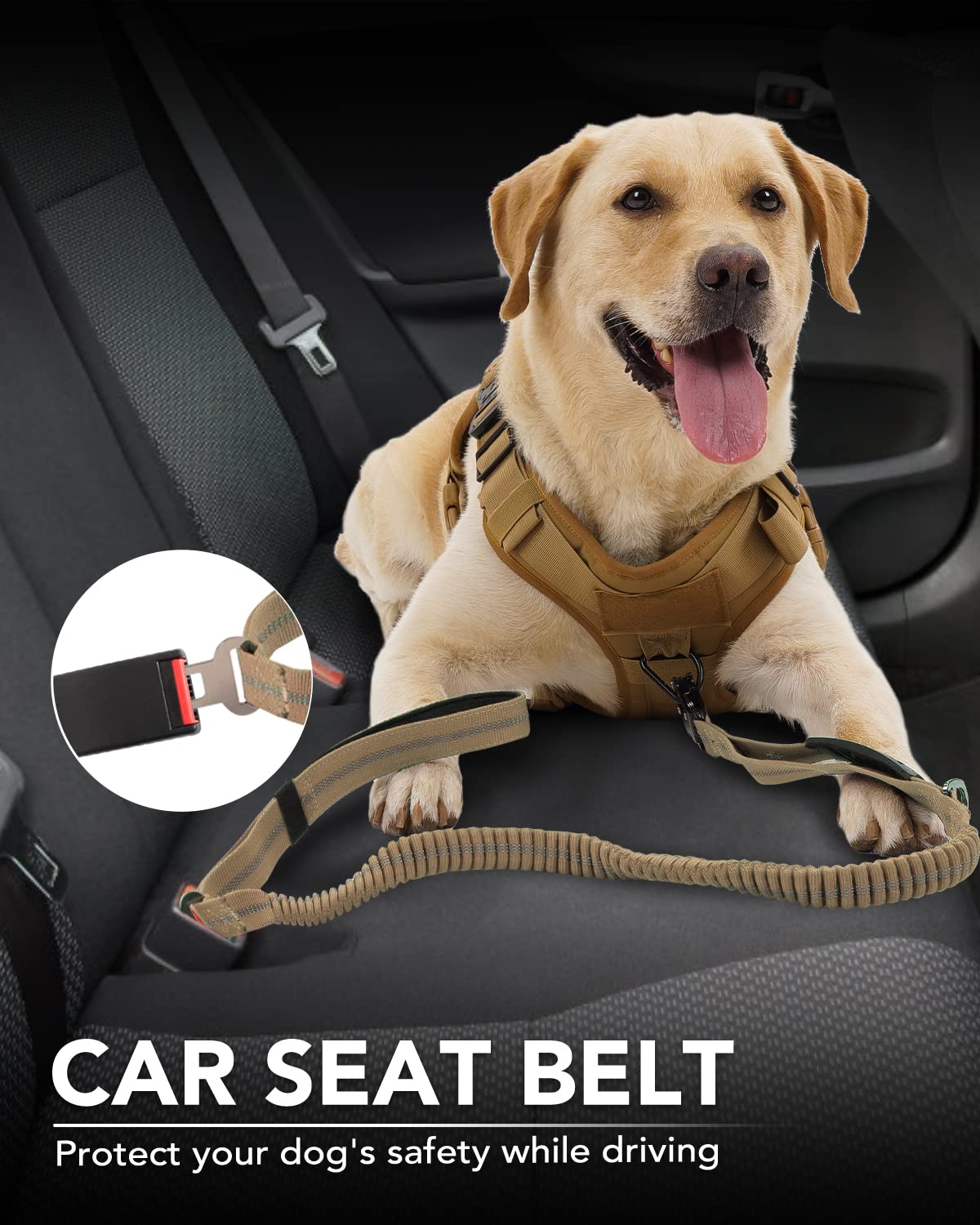 Joytale Tactical Dog Leash car seatbelt tab secures your dog on car rides.