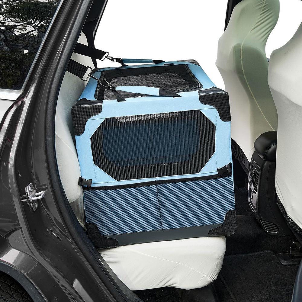 JOYTUTUS collapsible dog crate in car travel setup, compact and secure for road trips.