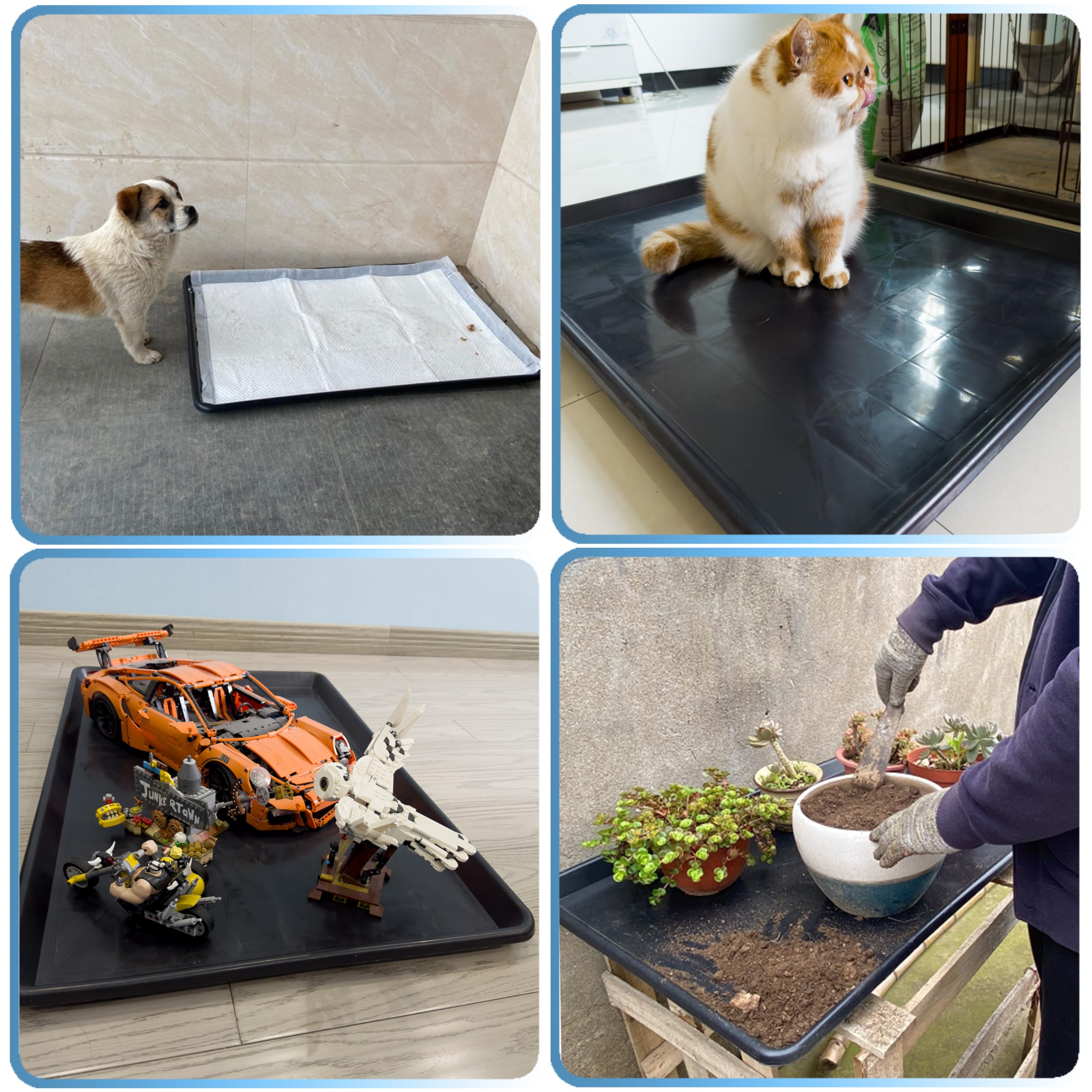 JOZERMADE multi-purpose tray in a kennel setup with dog, cat, and bird cages