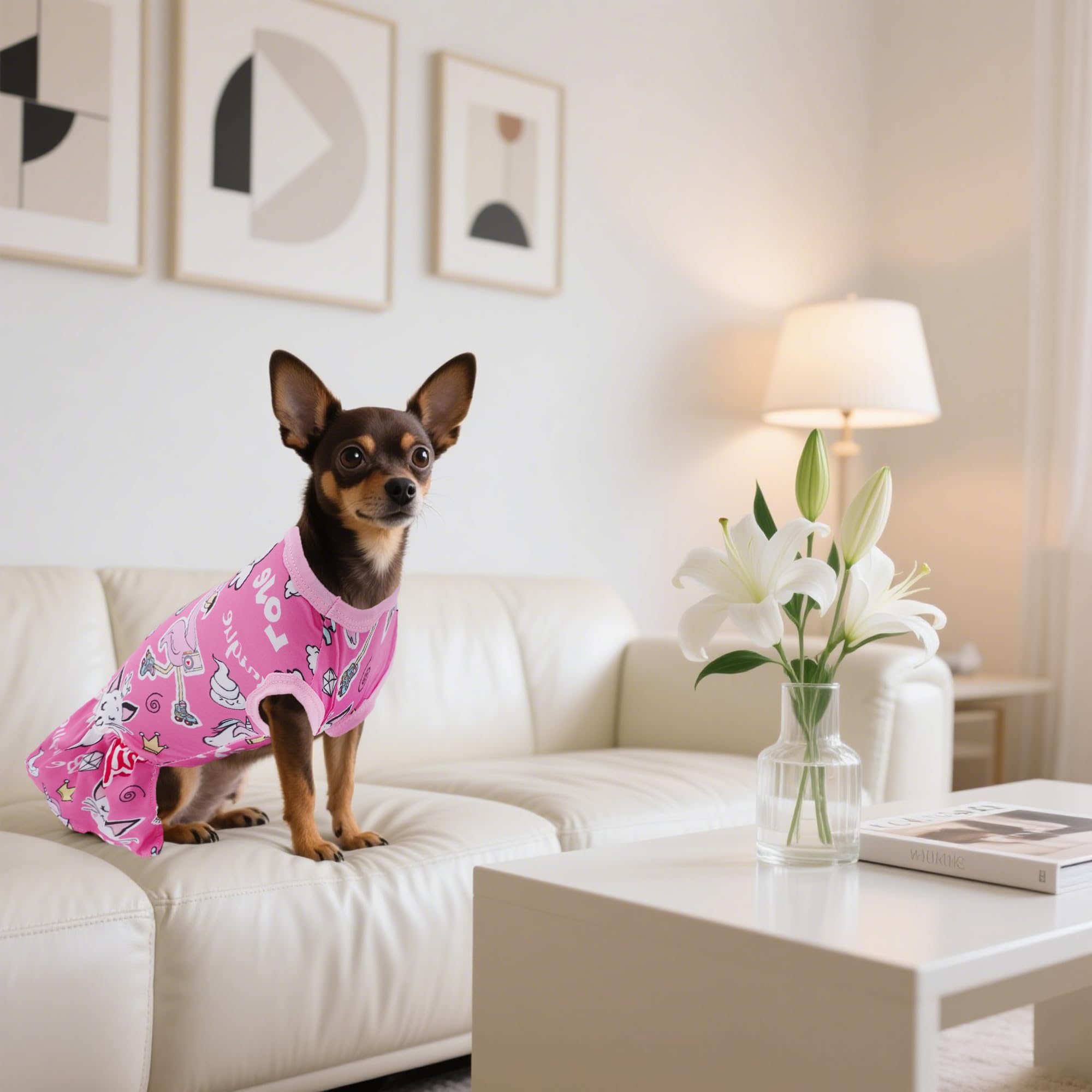 JpGdn puppy wearing purple daisy dress, adorable daytime wear.
