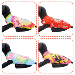 JpGdn tie-dye dog shirt red close-up conveys energetic style and durability.