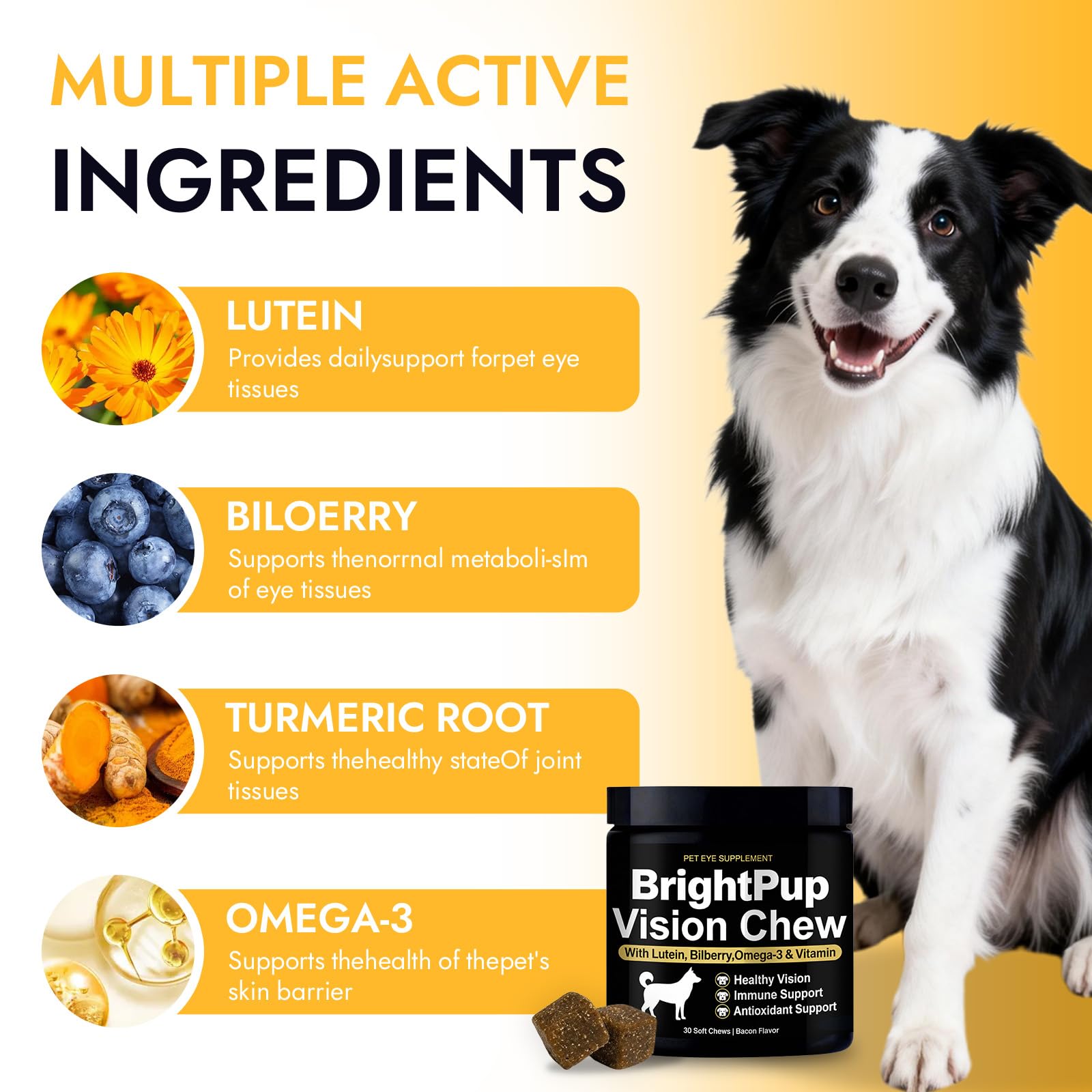 JRR Bright Pup Vision Chews dosage guide closeup for simple daily use.