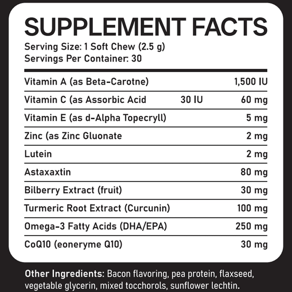 JRR Bright Pup Vision Chews closeup of ingredient list for reassurance.