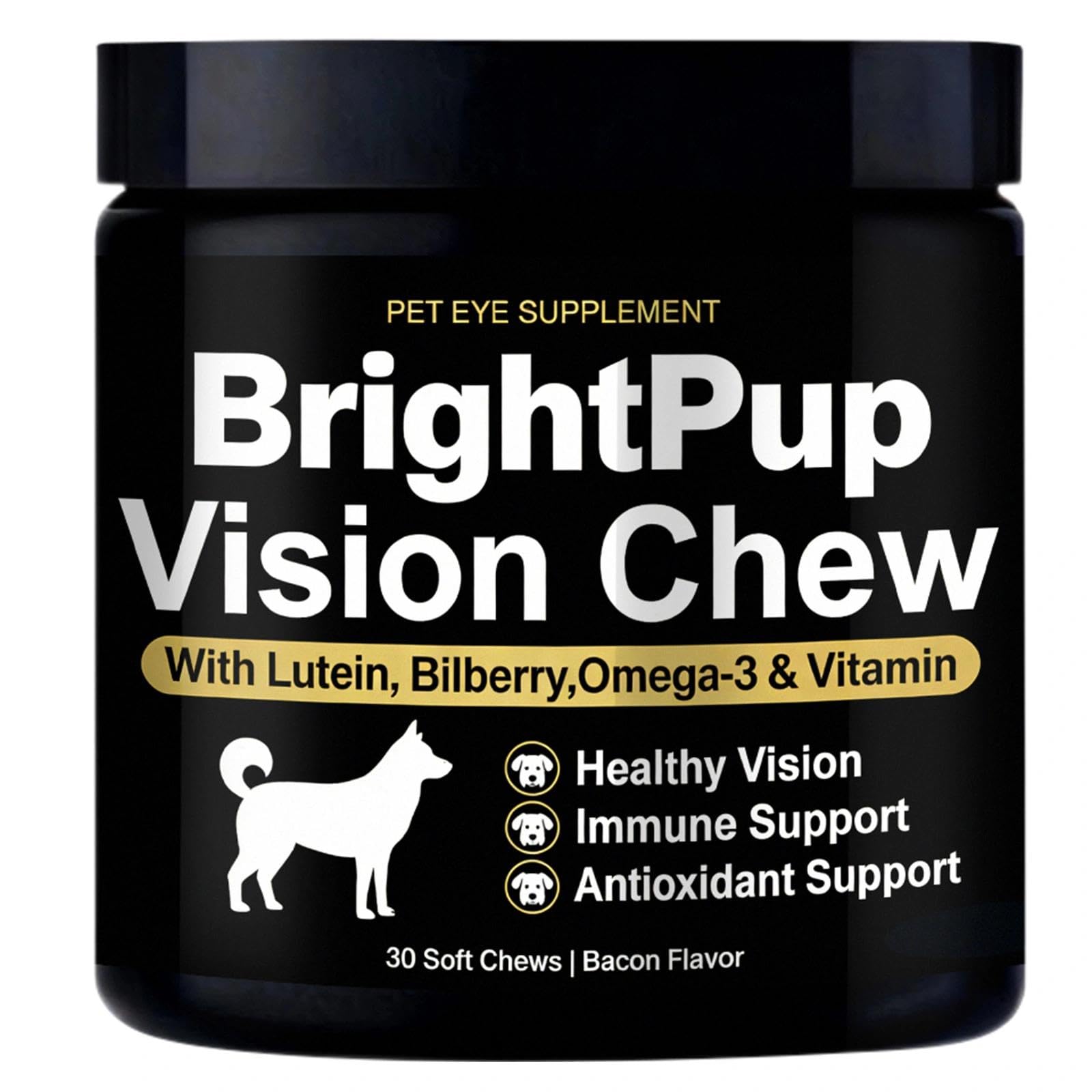 JRR Bright Pup Vision Chews pack shows convenient eye health support for daily use.