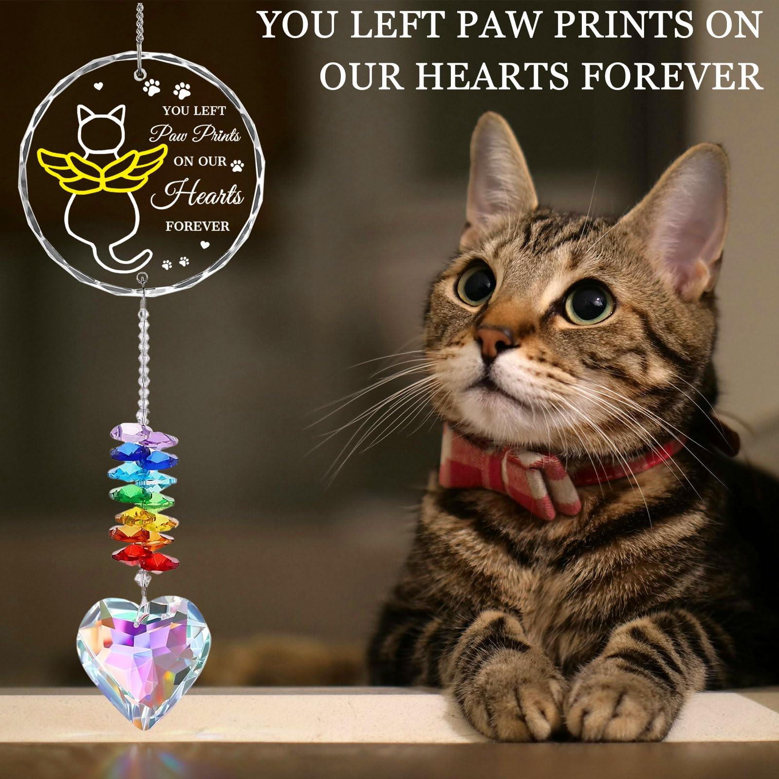 JSTLCD cat memorial suncatcher with rainbow crystals spreading color in sunlight.