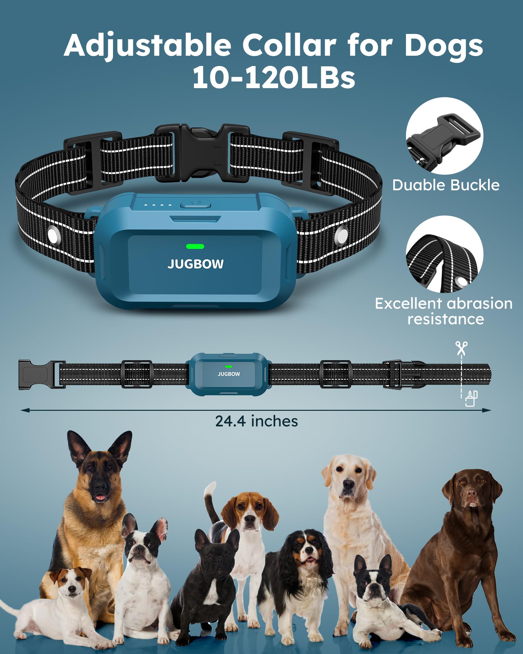 Jugbow adjustable neck size fits dogs from 10 to 120 pounds.