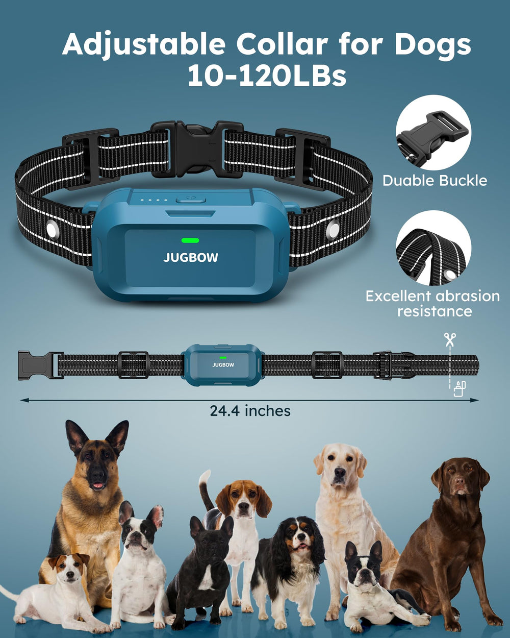 Jugbow adjustable neck size fits dogs from 10 to 120 pounds.