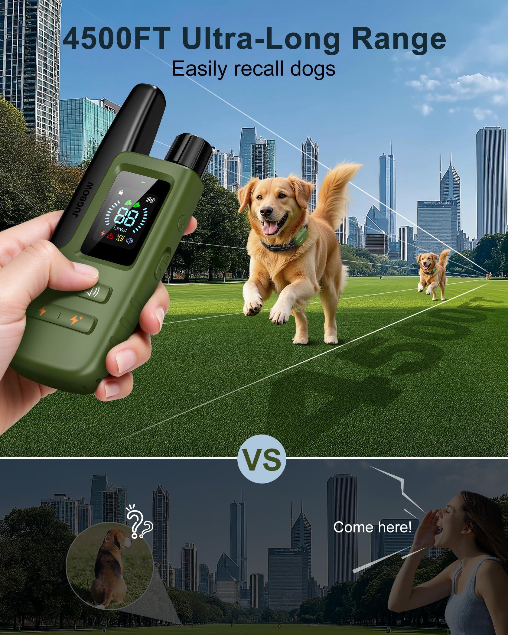 Jugbow dog collar with four training modes for customized behavior adjustments.