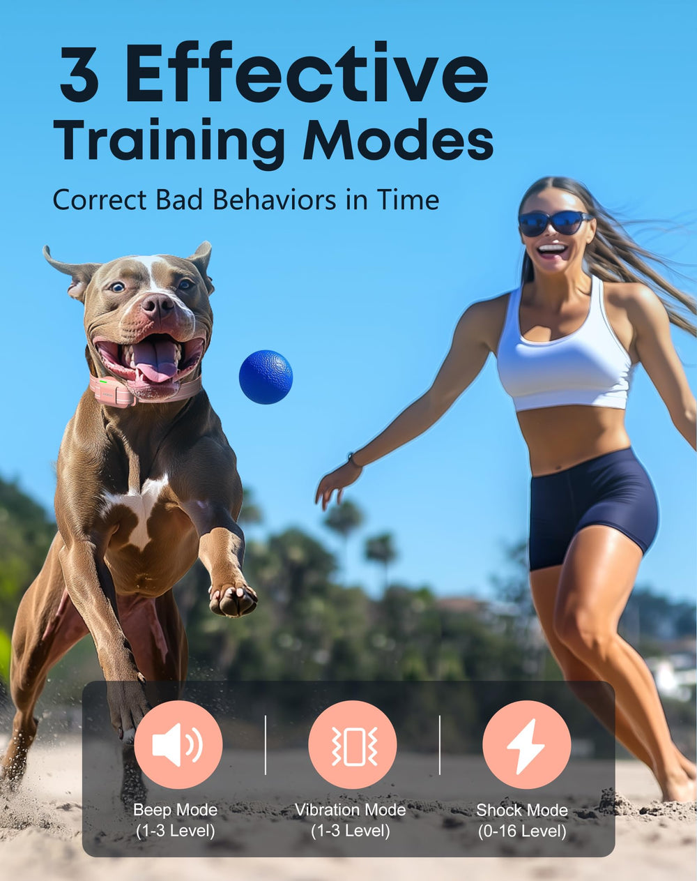 Jugbow collar showing training modes: beep and vibration for gentle cues