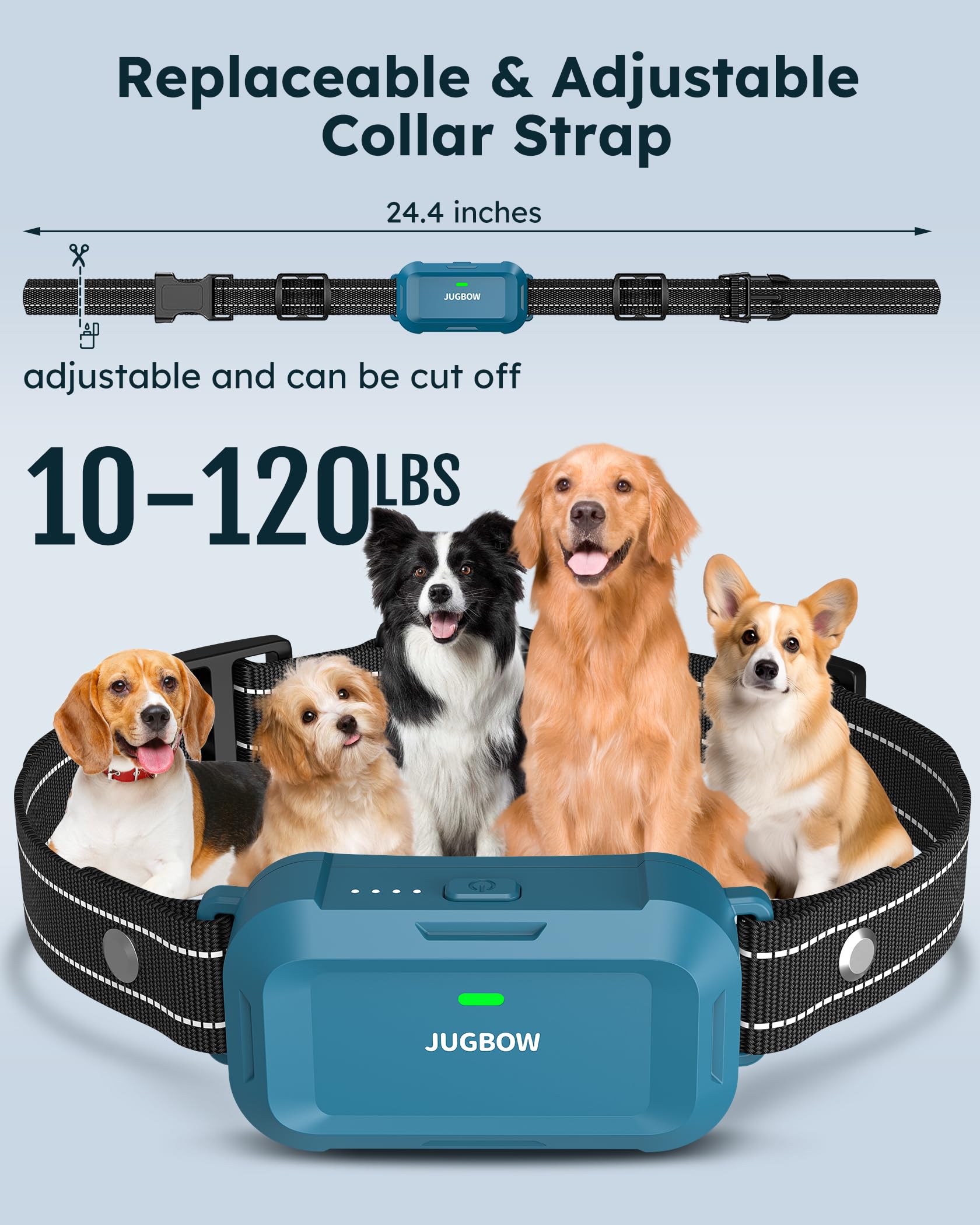 Jugbow dog shock collar neck-size-range fits 10-120 lb dogs.