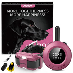 Jugbow dog shock collar on the dog's neck for controlled training at home and outdoors