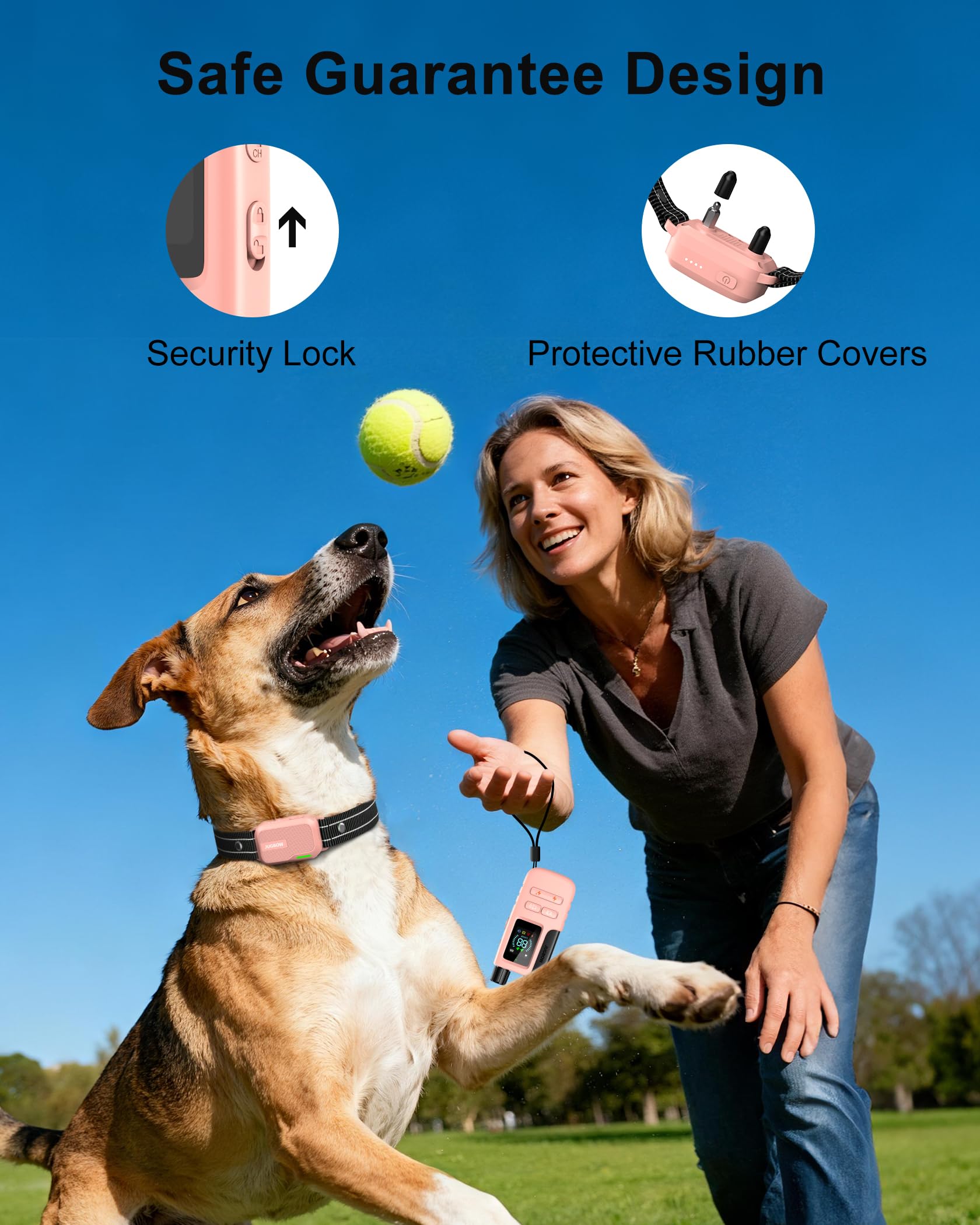 Jugbow dog shock collar rechargeable battery with quick 2-hour charge.
