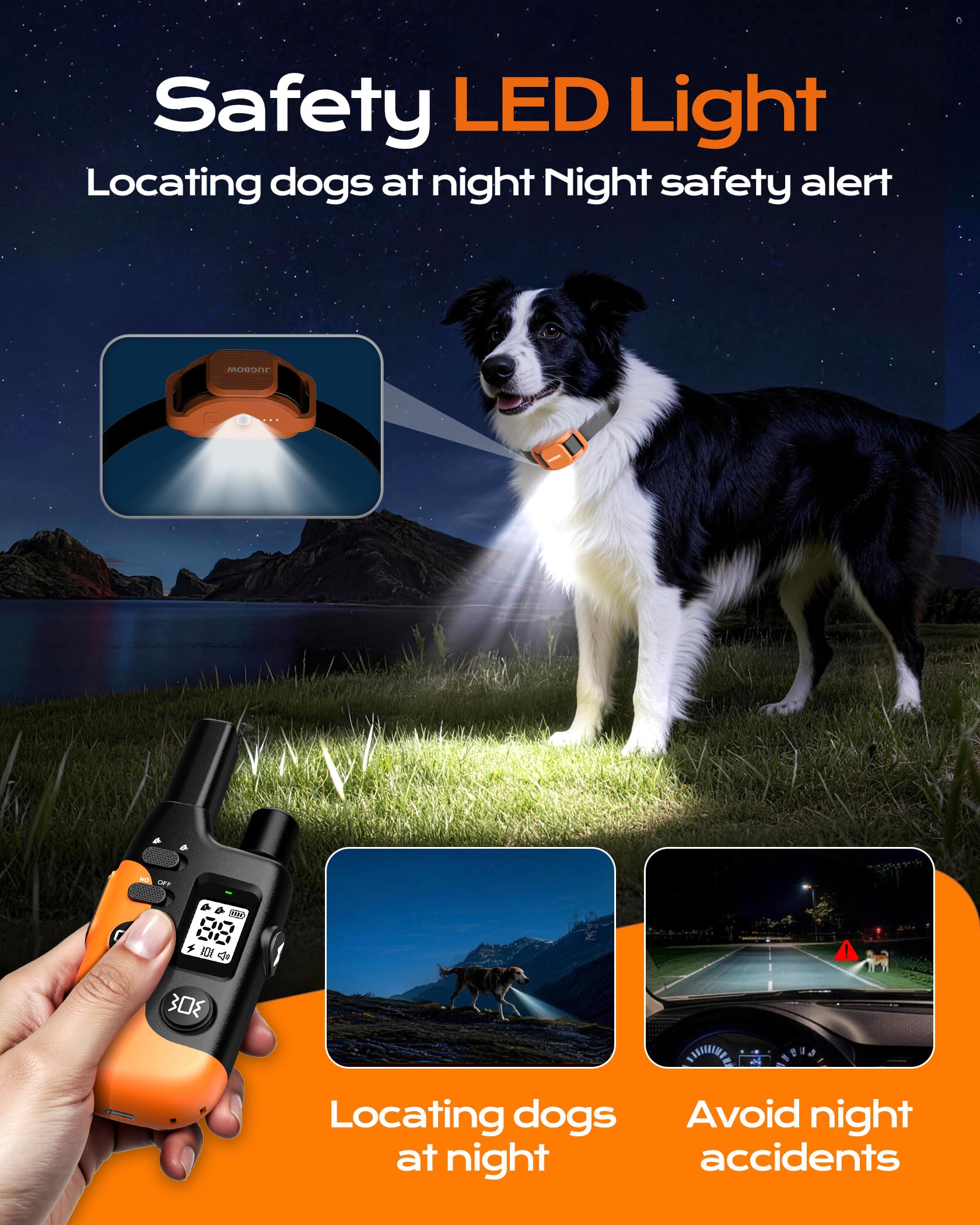 Jugbow dog shock collar remote back view shows adjustable fit and secure buckle.