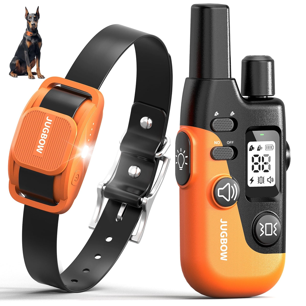 Jugbow dog shock collar remote front view for outdoor training.