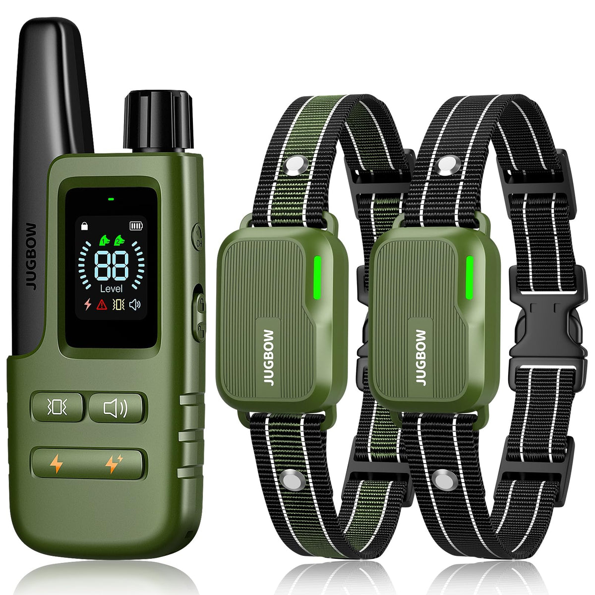 Jugbow remote for two-dog training with dual-channel control.