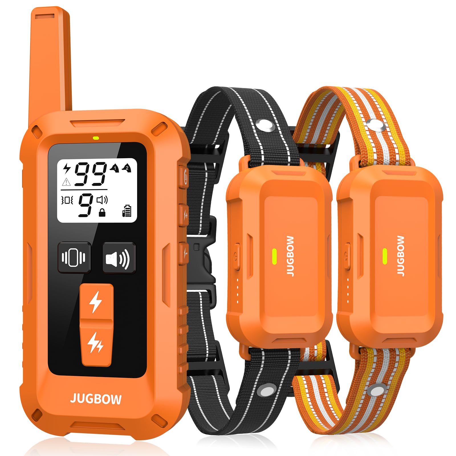 Jugbow dog shock collar remote enables precise training across yards and parks.
