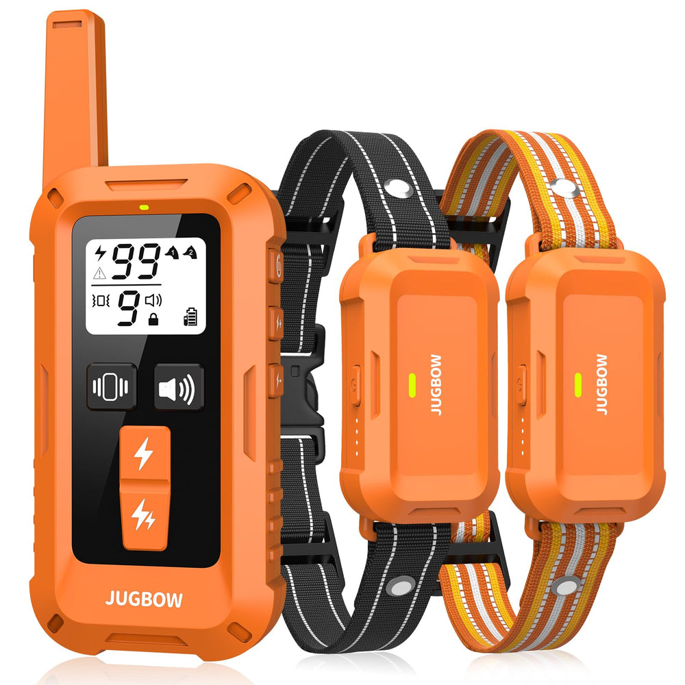 Jugbow dog shock collar remote enables precise training across yards and parks.